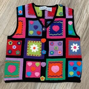 Belle Pointe Patchwork Patches Floral Heart Vintage Cardigan Sweater Vest Small